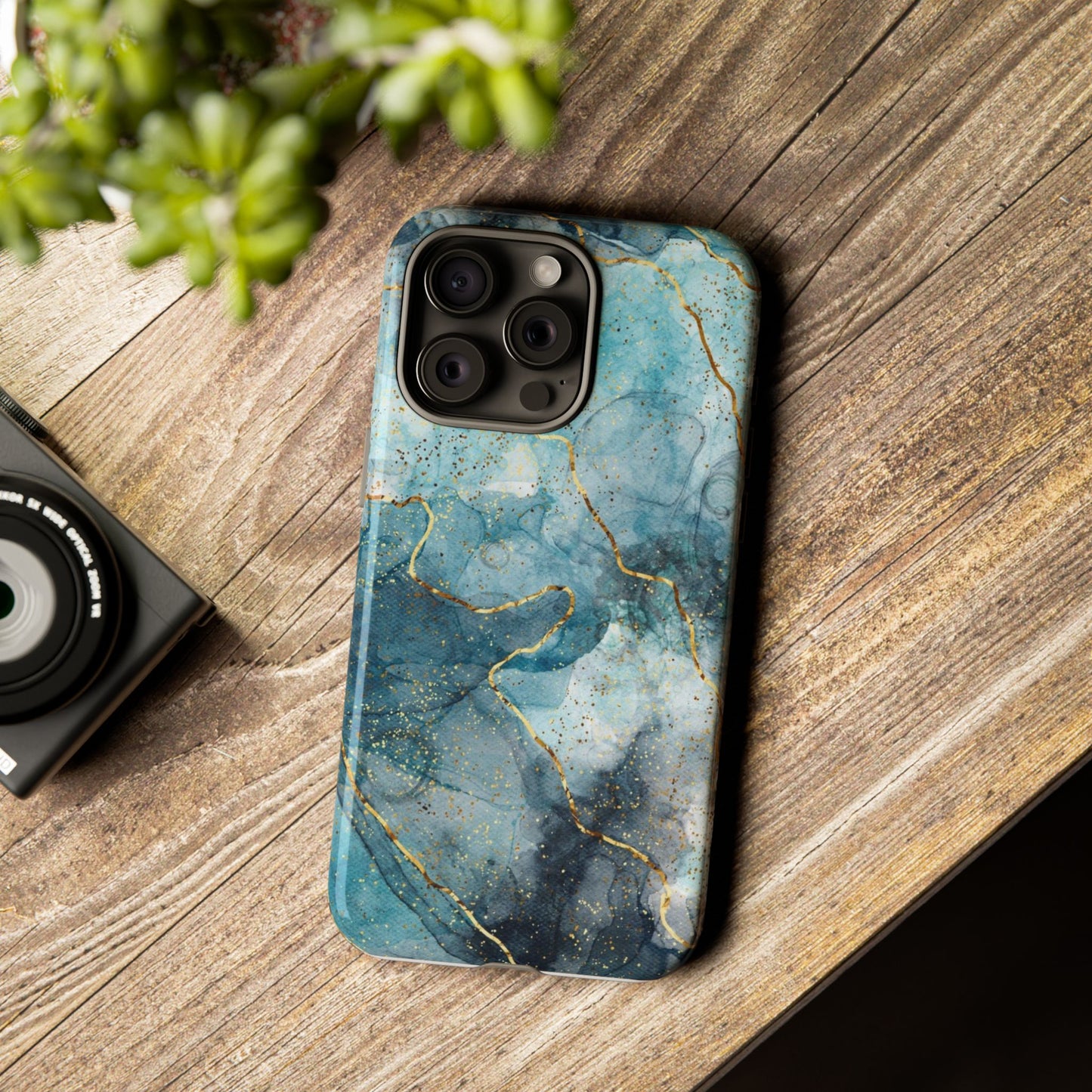 Teal Marble Tough Phone Case — Blue Gold Vein Protective iPhone Cover