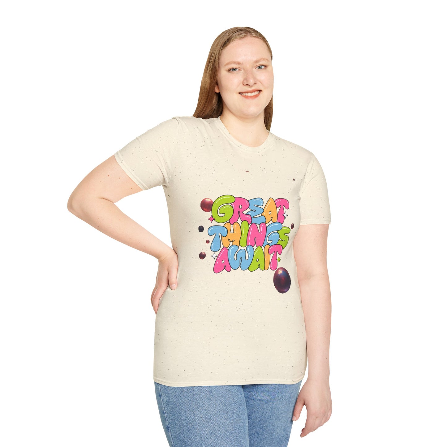 Great Things Await T-Shirt — Colorful Positive Message Tee