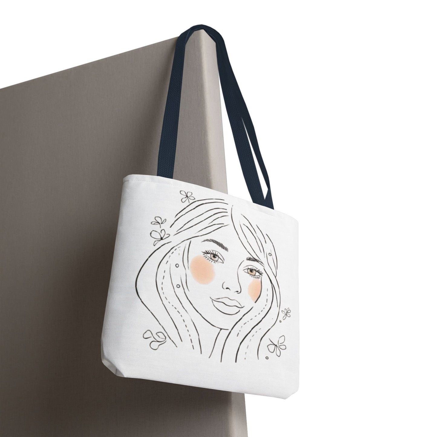 Floral Portrait Tote Bag — Hand-Drawn Woman Face with Blush Cheeks