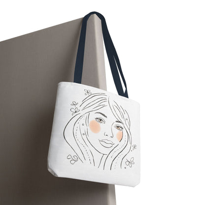Floral Portrait Tote Bag — Hand-Drawn Woman Face with Blush Cheeks