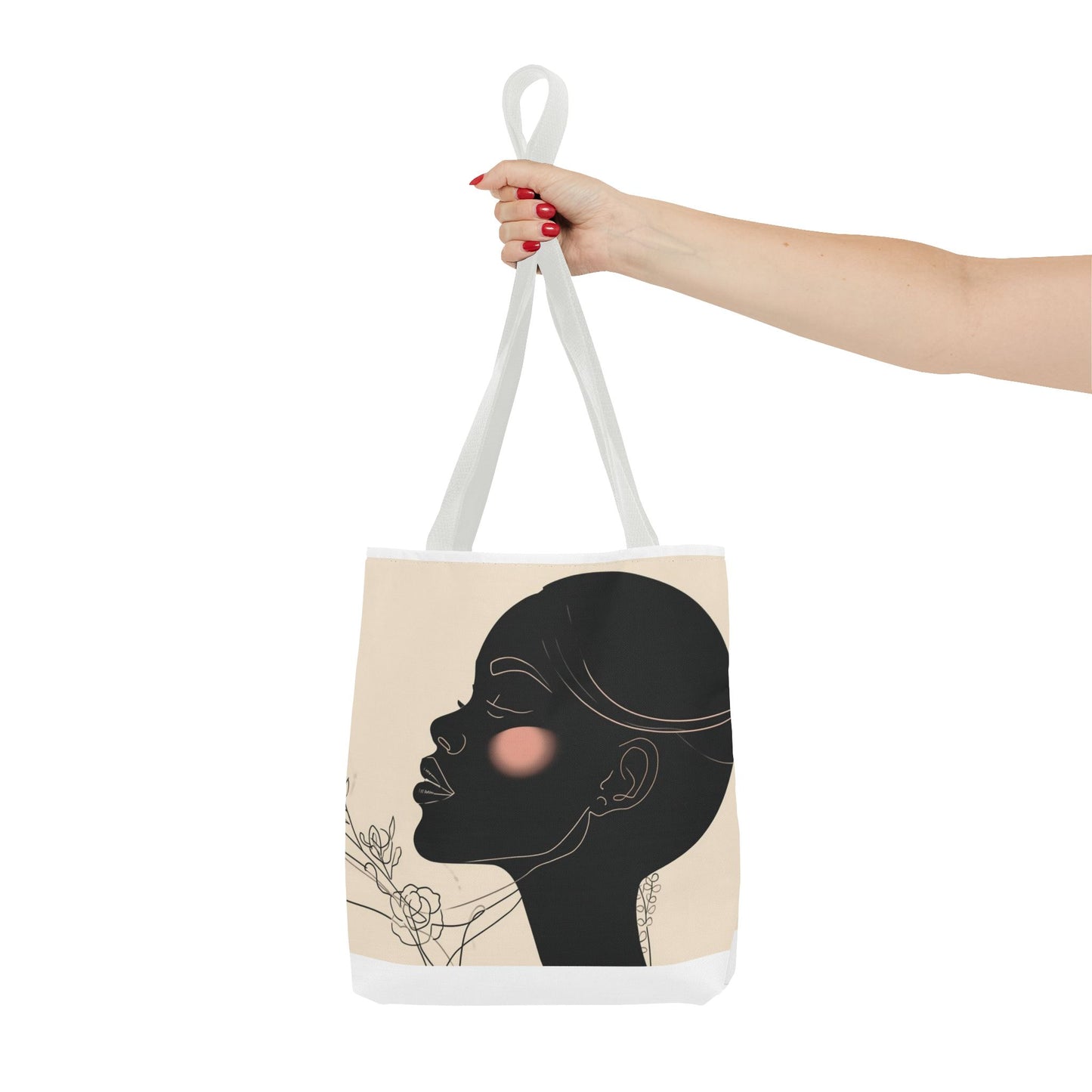 Afro Silhouette Floral Tote Bag — Minimalist Black Woman Profile Canvas Tote