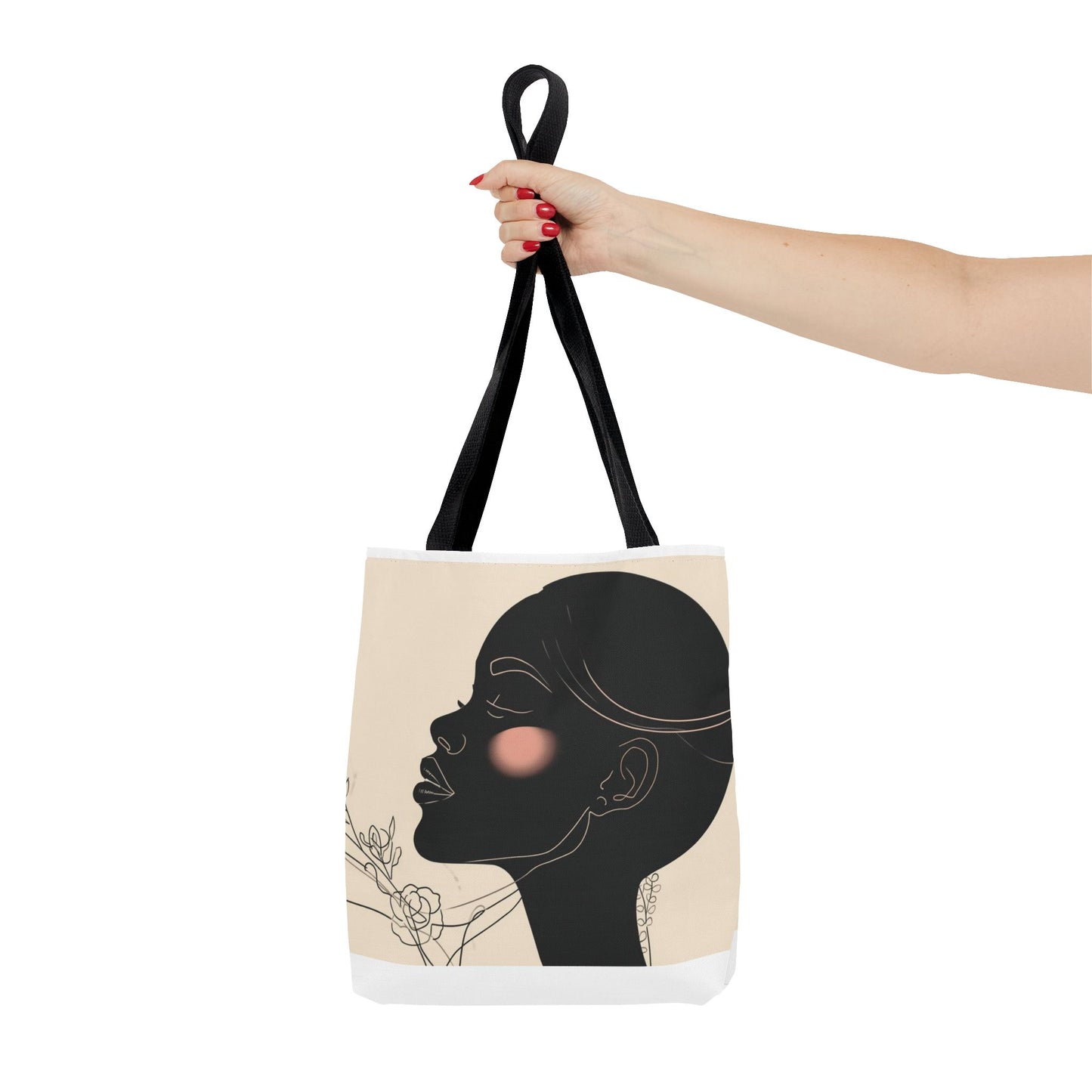 Afro Silhouette Floral Tote Bag — Minimalist Black Woman Profile Canvas Tote