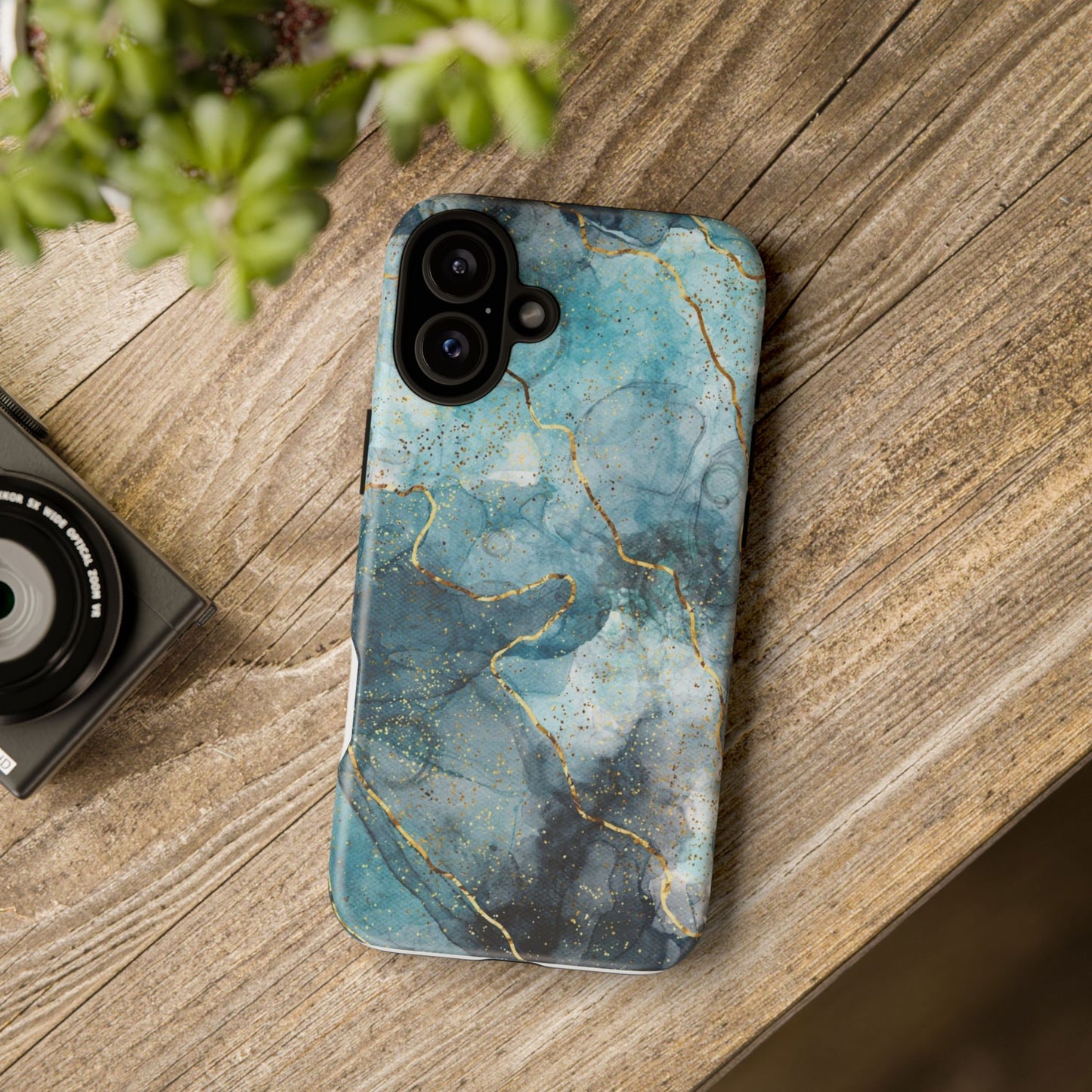 Teal Marble Tough Phone Case — Blue Gold Vein Protective iPhone Cover