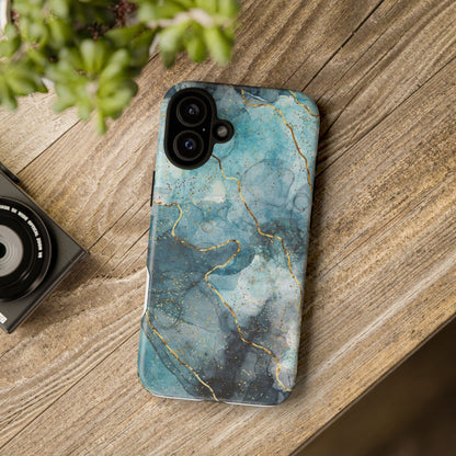Teal Marble Tough Phone Case — Blue Gold Vein Protective iPhone Cover