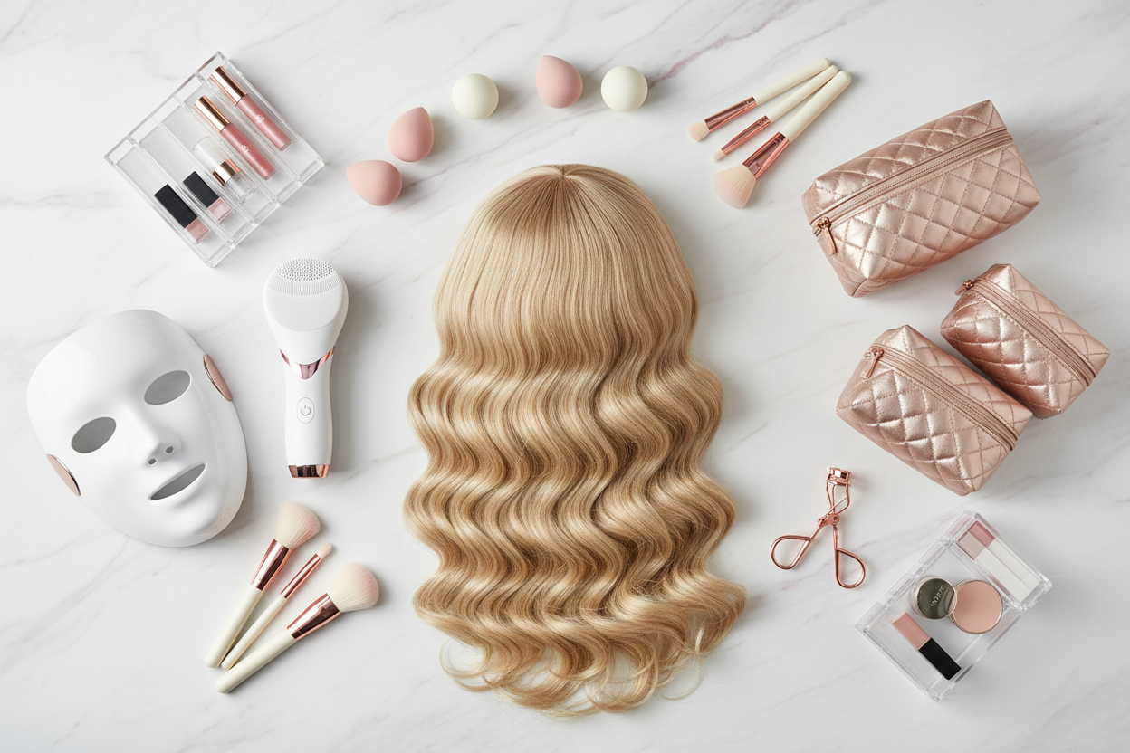 generate an image with some beauty accessories, hair wig, beauty electronics, beauty bags and make up gadgets